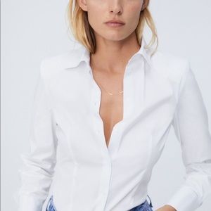 Zara White Poplin Bodysuit with Shoulder Pads (S)